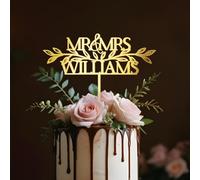 Party to Be Mr & Mrs Customized Wedding Cake Topper with Bride and Groom's Last Name Green Leaves Silhouette Personalized Cake Decoration in Acrylic
