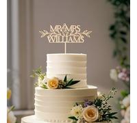 Party to Be Mr & Mrs Wedding Cake Topper Personalized Bride and Groom's Last Name Custom Cake Decoration with Green Leaves Silhouette in Wood