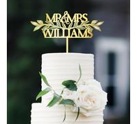 Party to Be Mr & Mrs Wedding Cake Topper Personalized Bride and Groom's Last Name Customized Cake Decoration with UV-Printed Green Leaves in Arcylic and Wood