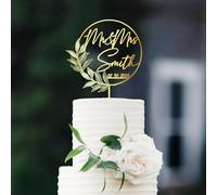 Party to Be Mr & Mrs Wedding Cake Topper with Green Leaves Custom Last Name and Date Personalized Round Frame Cake Decoration in Acrylic and Wood