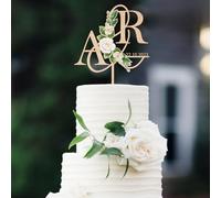 Party to Be Personalized Wedding Cake Topper in Wood Custom Initials & Date Wedding Cake Decoration Printed with Flowers & Green Leaves