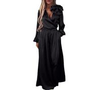 Party Wear Cord Set for Women Satin Set Solid Elegant V-Neck Long Sleeve Tops & High Waisted Wide Leg Trousers Matching Sets 2 Piece Outfits Festival Party Night Wedding Guest Wear