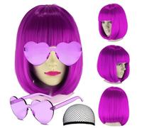 Party Wigs Wig Cap and Sunglass Set,Short Bob Hair Wigs Straight with Flat Bangs Synthetic Colorful Cosplay Daily Party Neon Wig for Women (Purple)