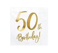 PartyDeco 50th Birthday Paper Napkins - Pack of 20, 3-Ply White & Gold Metallic Print | Perfect for Birthday Parties & Celebrations