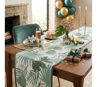 PartyDeco Green Pink Leaves Table Runner Non Woven Botanical Disposable Party Table Decor Wedding Birthday Tableware (40 x 500cm)