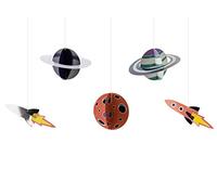 PartyDeco Pack of 5 Rockets and Planets Pendants for Party, Space Adventure Theme, Cardboard, Multicoloured, One Size