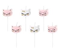 PartyDeco Set of 6 Cute Kitten Shaped Birthday Candles - Cats Collection, Pink & White, 2 cm Tea Lights for Kids’ Themed Birthday Party Cake Decoration