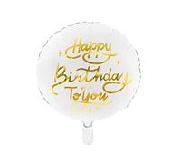 PartyDeco Balloon – Happy Birthday 35cm White & Gold, Star Theme, Round, Reusable, Unisex, 1 count