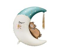 PartyDeco Foil Balloon Moon with Bear 71 x 86 cm - XXL Balloon for Helium or Air Foil Balloon Teddy Bear on the Moon, 98 cm Foil Balloon as Birthday Decoration - White Blue