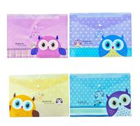 PartyErasers A4 File Folder Wallets - Pack of 4 Cute Owl Design Plastic Document Envelopes with Press Stud - Colourful Stationery for School, Office & Home Filing