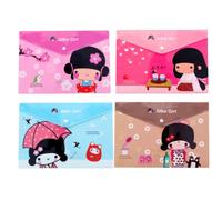 PartyErasers A4 File Folder Wallets - Pack of 4 Kimono Girls Design Plastic Document Envelopes with Press Stud - Cute Japanese Stationery for School, Office & Home Filing