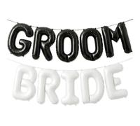 PartyForever BRIDE & GROOM Balloon Banner Set - 16 Inch White and Black Foil Letters - Wedding, Bachelorette, Bridal Shower, Engagement Party Decorations