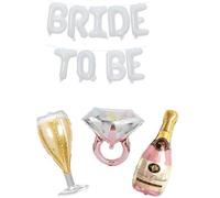 PartyForever Bride To Be Balloon Set - White BRIDE TO BE Letters, 40 inch Champagne Bottle, 26 inch Rose Gold Diamond Ring & Glass Balloons - Bachelorette & Bridal Shower Decorations
