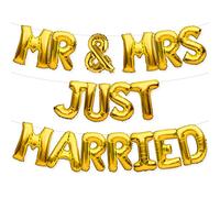 PartyForever Gold MR & MRS JUST MARRIED Balloon Banner Bride and Groom Party Decorations for Bridal Shower and Wedding Party