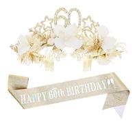 PartyforU 60th Birthday Sash and Flower Crown - White Gold Floral Star Crystal Headband With Sash Headdress Set for Women 60 Years Old, Birthday Tiara Gifts to My Grandma Mom Wife and Sister