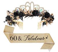 PartyforU Birthday Flower Crown and Sash Set - Rose Floral Crystal Headband with Fabulous Sash Headdress for Women Happy Birthday Party Accessories Gift Supplies