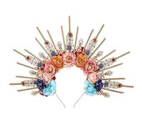 PartyforU Floral Halo Crown for Renaissance Women Cosplay, Flower Goddess Headpiece with Roses for Carnival Parties