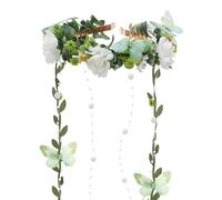PartyforU Flower Crown Butterfly Headband, White Green Elf Forest Elf Headwear Crown, Fairy Costume Accessories for Women for Renaissance