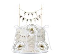 PartyforU Flower Wedding Cake Toppers - 13 Pcs Rustic Just Married Pennant Flags White Flowers and Bow Tie Ribbons for Bridal Anniversary Engagement Cake Decorations