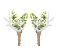 PartyforU Woodland Boutonniere for Men Set for Groom Groomsmen, 2PC Handmade Greenary Corsage for Wedding White Antler Boutonniere for Ceremony Anniversary Prom