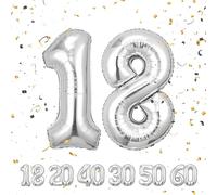 Partyhausy 18 Number Balloons, Silver, 40 Inch Giant Helium Foil Number Balloons, Reusable, Perfect for Boys Girls 18th Birthday Party Decor, Anniversary Party Decorations, Supplies
