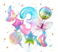 Partyhausy Butterfly Balloons Set for 3rd Birthday Party - 8Pcs Decoration With Number 3 and Colorful Butterfly Balloons for Girl's Party Supplies Decor
