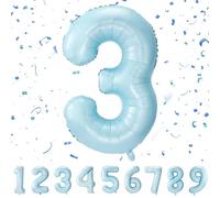 Partyhausy Number Balloons 3,Pastel Blue Balloons 3 for Birhtday Party Decoration,40 Inch Giant Helium Foil Number Balloons for Boys Girls 3th Birthday Party Decor Anniversary Party Decorations Suppli