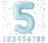 Partyhausy Number Balloons 5,Pastel Blue Balloons 5 for Birhtday Party Decoration,40 Inch Giant Helium Foil Number Balloons for Boys Girls 5th Birthday Party Decor Anniversary Party Decorations Suppli