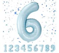 Partyhausy Number Balloons 6, Pastel Blue, 40 Inch Giant Helium Foil Number Balloons, 6 Count, Unisex-Kids, Birthday, Anniversary