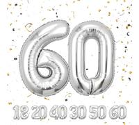 Partyhausy Number Balloons 60,Sliver Balloons 60 for Birhtday Party Decoration,40 Inch Giant Helium Foil Number Balloons for Women Men 60th Birthday Party Decor Anniversary Party Decorations Supplies