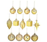 PartyKindom 12pcs Gold Christmas Tree Hanging Ornaments with Various Shapes Indoor Xmas Decorations Festive Pendant Balls for Tree Wall Table Holiday Decor
