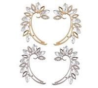 PartyKindom 2 Pairs Leaf Shaped Ear of Elegant Non Piercing Earrings with Rhinestones Luxurious Jewelry for Women Stylish Girl Ear Clips Gold and Silver