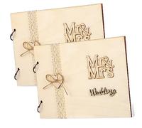 PartyKindom 2 Pcs Vintage Wooden Wedding Guest Book with Lace and Heart Decor Page Reception Registry Books with Detachable Metal Rings Rustic Keepsake for Party Signatures and Wedding
