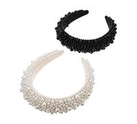 PartyKindom 2pcs Pearl Hairbands Set Wide Thick Sponge Base Decorative Headbands for Women Girls Party Wedding Hair Accessories Black and Ivory