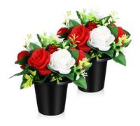 PartyKindom Artificial Grave Flowers for Cemetery Pot, 2 Pcs Handmade Silk Cemetery Flower Funeral Outdoor Decoration, Memorial Floral Arrangement with Open Roses in Red and White Grave Decoration