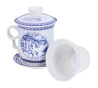 PartyKindom Blue and White Porcelain Tea Set Ceramic Cup with Lid and Infuser Traditional Chinese Tea Mug with Clear River Landscape Pattern for Home Brewing