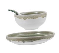PartyKindom Ceramic Tableware Kit for One Person Set with Decorative Bowl Soup Plate and Spoon Heat Resistant Porcelain Dinnerware for Home and Camping Vintage Style Green Design