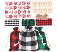 PartyKindom Christmas Drawstring Gift Bags Lattice Pattern Cotton Linen Pouches with Stickers Treat Storage for Candy Chocolates Cookies Xmas Party Favor and Gift Wrapping