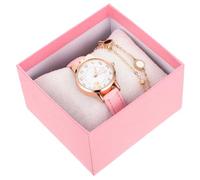 PartyKindom Girls Cartoon Watch and Bracelet Set 2pcs Quartz Wristwatch Pink Leather Strap and Beaded Chain Cat Pattern