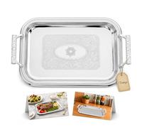 PartyKindom Serving Tray with Handles: Stainless Steel Platter Rectangular Decorative Dish Vintage Embossed Silver Server for Tea Dessert Fruit Coffee Table Display Dinner Plate Metal Holder