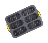 PartyKindom Silicone Hot Dog Bread Mold and French Bread Baking Pan 6-Cavity Non-Stick Silicone Loaf Mould for DIY Mini Baguette Rolls Home Baking Gray with Yellow Handles