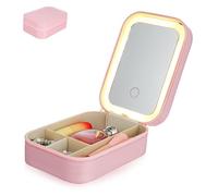 PartyKindom Small Makeup Case with Rechargeable Vanity Lighted Mirror Stylish Makeup Organizer for Travel Multi Functional Cosmetic Bag with Divided Storage and Jewelry Design for Women
