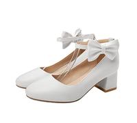 PartyKindom Stylish Mid Heel Shoes for Women with Bowknot Design Comfortable Chunky Heels for Daily Wear Elegant Buckle Strap Single Shoes White