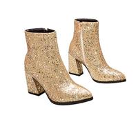 PartyKindom Women's Autumn Winter Sequined Hoof Heel Ankle Boots Side Zipper Pointed Toe High Heel Boot for Casual and Work Wear