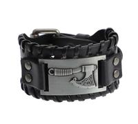 PartyKindom Woven Leather Bracelet Punk Style Braided Wristband for Men Halloween Personality Viking Jewelry Black PU with Antique Silver Accent