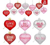 Partyprops 24Pcs Valentine's Day Glitter Heart Shaped Ornaments - Red Pink Silver Hearts - Valentines Conversation Decorations - Christmas Tree Hanging Ornaments