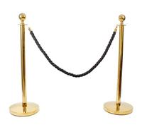 PARTYRAMA.CO.UK 2 Brass Red Carpet Stanchion Rope Barriers Pole Safety Barriers with 1 Black Braided Rope With Gold Rope Hooks