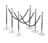 PARTYRAMA.CO.UK 6 Chrome Red Carpet Rope Barriers Post Stanchions Safety Barrier With 4 Black Braided Ropes