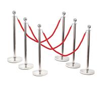 PARTYRAMA.CO.UK 6 Chrome Red Carpet Stanchion Rope Barriers Pole Safety Barriers with 4 Red Braided Ropes
