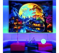 PartysenWeyL Dream Moonlight Water City Tapestry Shimmering Lake Surface with Multicolored Magic Tree Living Room Decor 270x180CM